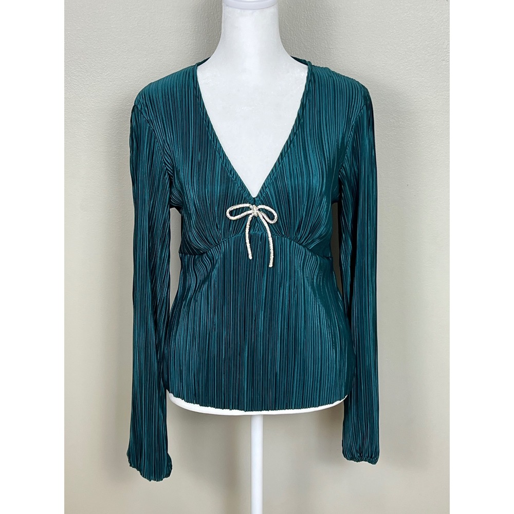Rachel Zoe Emerald Green Pleated V-Neck Top Rhinestone Bow Detail Small